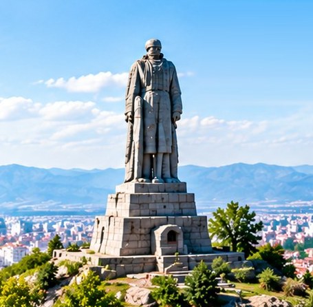 Паметникът Альоша на Бунарджика над Пловдив, синьо небе и планини